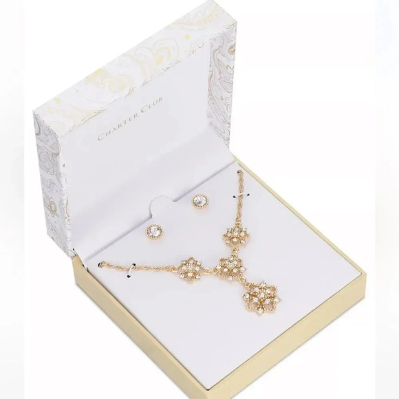 Charter Club Gold-Tone Crystal Flower Lariat Necklace & Stud Earrings Set NWT - Picture 1 of 2